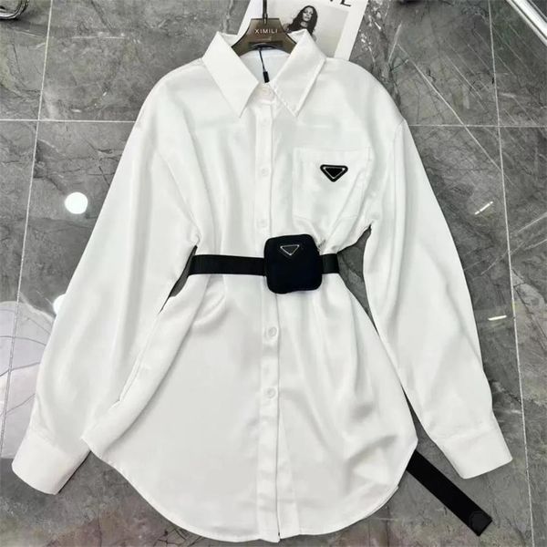 Camisa casual feminina de manga comprida novo design triângulo logotipo camisa solta versátil camisa superior presente bolsa de cintura tendência da moda roupas femininas