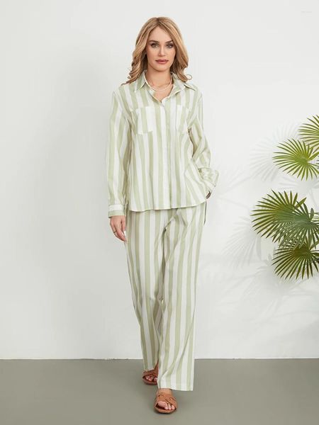 Damen-Zweiteiler, Hose, Damen-Pyjama-Set, langärmlig, gestreift, bedruckt, Button-Down-Hemd, Loungewear, hautfreundlich, S-XL