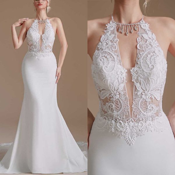 Abiti da sposa sexy a sirena in tulle di pizzo con scollo all'americana Abito da sposa senza schienale con scollo all'americana Abito da giardino in raso bianco Vestido De Novia Cappella treno Taglia personalizzata