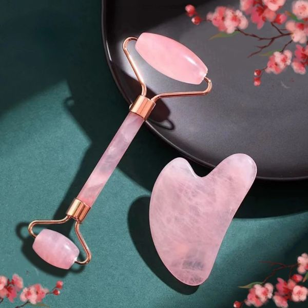 Rolo rosa natural de jade gua sha, ferramentas massageador de quartzo para rosto, rolo de cuidados com a pele facial, conjunto de raspador de guoache, ferramentas de beleza e saúde