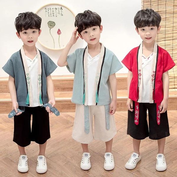 Этническая одежда, 3 цвета, красный детский антикварный костюм для мальчиков, комплект из 2 предметов в китайском стиле с короткими рукавами, летний топ и штаны для выступлений Tang