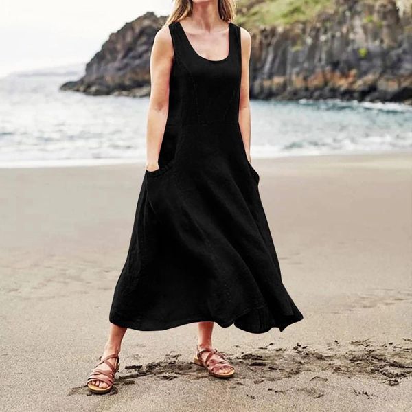 Vestidos casuais para mulheres 2024 plus size sólido em torno do pescoço bolsos vestido longo tanque diário feminino vintage praia