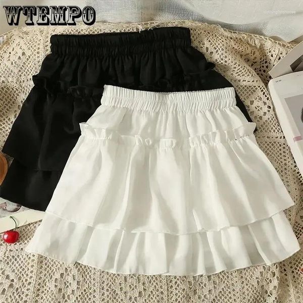 Saias Bolo Branco Saia Ruffles Design Doce Estilo Preppy A-Palavra Versão Elástica Cintura Mulheres Chiffon Slim Fino Casual Verão