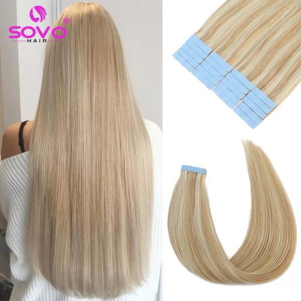 Extensões SOVO Destaque Fita Em Extensões De Cabelo Humano 1226 Polegada Trama De Pele Sem Costura Natural Loira Fita De Cabelo Europeu Em 20/40 Pcs Pacote