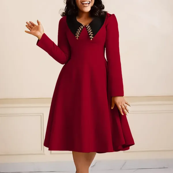 Kleider in Übergröße, Wintermode, Kontrastfarben-Kleid, Damen, Polo-Ausschnitt, Langarm, hohe Taille, große Schaukel, eleganter Pendler