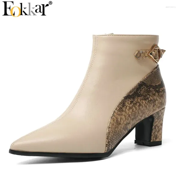 Botas Eokkar 2024 Mulheres Tornozelo Apontou Toe Salto Quadrado Inverno Pu Couro Elegante Chegam Senhoras Sapatos Grande Tamanho 34-43