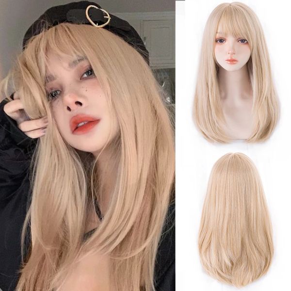 Perucas HOUYAN comprimento médio cabelo liso peruca sintética mulheres dourada rosa preto marrom franja peruca cosplay lolita