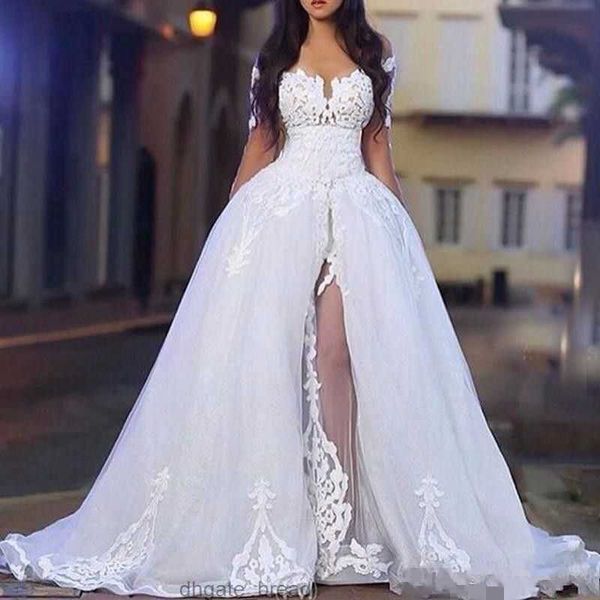 Novos vestidos de casamento elegantes com overskirt fora do ombro apliques mangas compridas vestidos de noiva de renda franzida com trem destacável