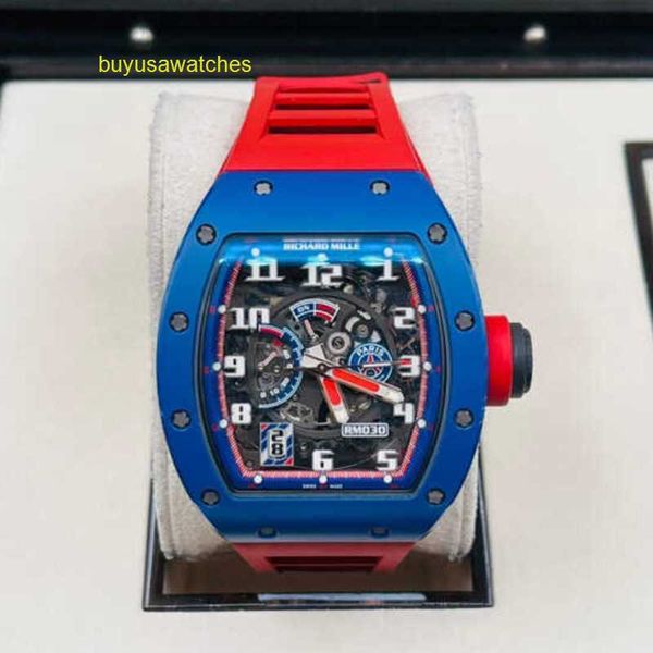 RM Watch Moissanit-Uhr Montre RM030 Serie RM030 Blaue Keramikseite Rotes Paris Limited-Zifferblatt 42,7 * 50 mm Komplettset