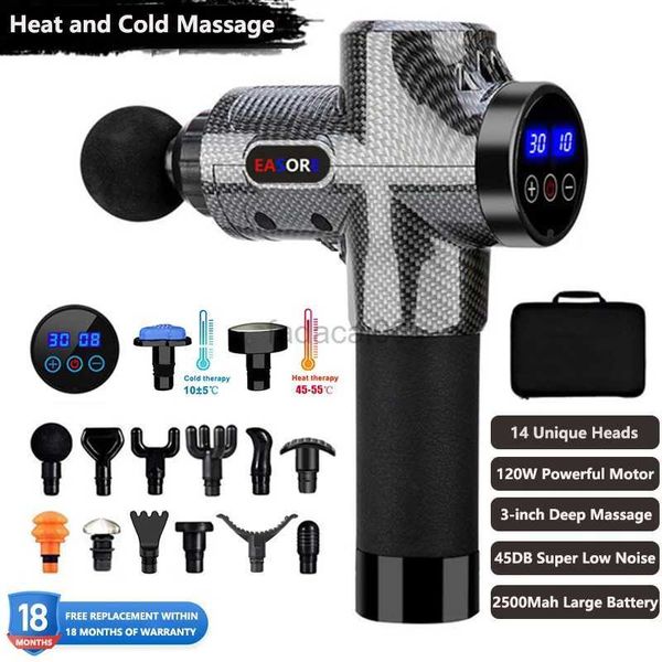 Pistola de massagem nova pistola de massagem térmica 120W poderosa profissional Easore X5 Pro massageador muscular profundo com motor sem escova de 14 cabeças para academia em casa 240321