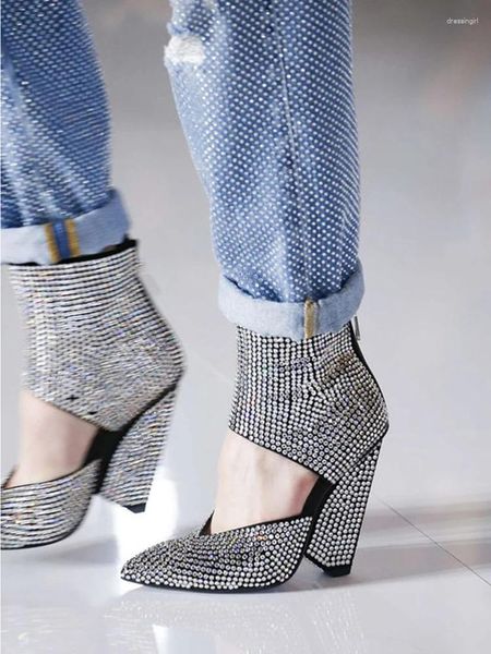 Туфли Zapatos De Mujer на высоком массивном каблуке с шипами, роскошные серебряные туфли-лодочки с острым носком, украшенные стразами и запахом на щиколотке, для вечеринки, свадьбы, для женщин