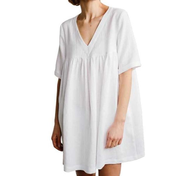 Летний французский дизайн с v-образным вырезом, короткое свободное платье большого размера из чистой конопли, юбка для отдыха для беременных и женщин