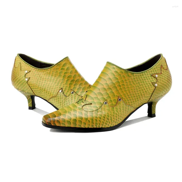 Sapatos de vestido de couro genuíno animal impressão feminina stiletto de salto alto sexy apontado dedo do pé zíper senhoras bombas saltos finos amarelo