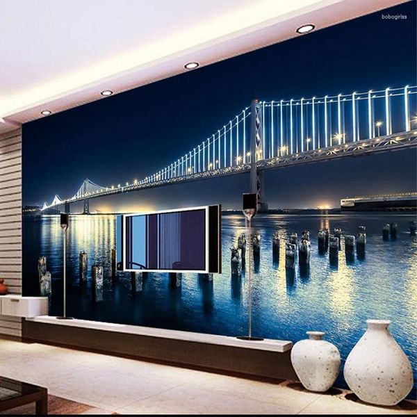 Wallpapers personalizado mural auto adesivo papel de parede bela cidade noite vista rio yangtze ponte 3d sala de estar café pano de fundo parede decoração de casa