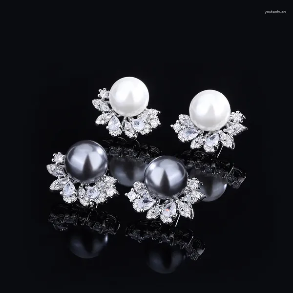 Brincos EYIKA Coreano Moda Marquise Zircon Flor 10mm Branco Preto Pérola Brinco Para Mulheres Nupcial Festa de Casamento Jóias