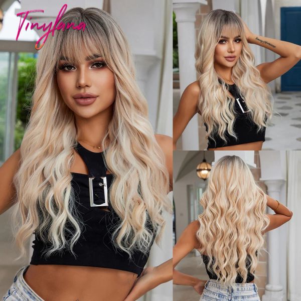 Perücken lange braune Ombre Blonde synthetische Perücken lockige wellige Perücke mit Pony Cosplay Party für Frauen afro natürliche Haare täglich hitzebeständig