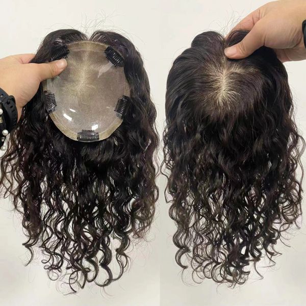 Topper nasse und wellige Frauen -Toupe -Clips in Haarteil Seidenbasis Chinese Jungfrau Human Hair Toper Curly Seidentop Haut Kopfhaut atmungsaktiv