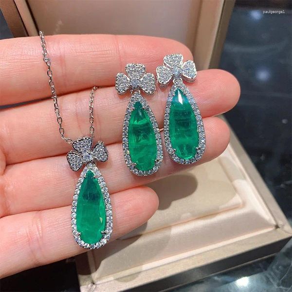 Colar brincos conjunto paraiba borboleta para mulheres pingente pêra gota cristal banquete pedra esmeralda jóias correntes acessório de luxo