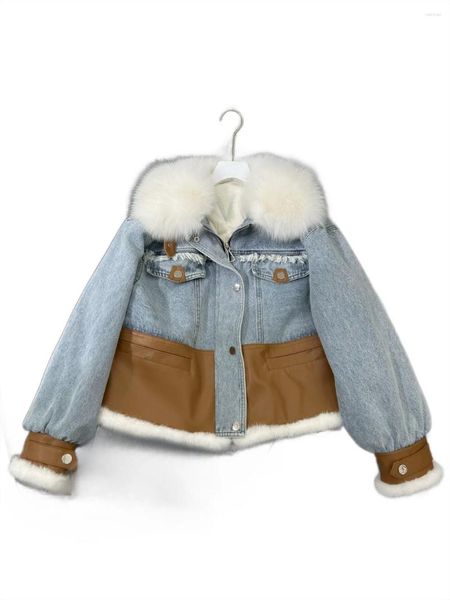Jaquetas femininas jaqueta jeans em torno do pescoço curto versão slim-fit cor contraste zíper design quente e confortável 2024 inverno1202