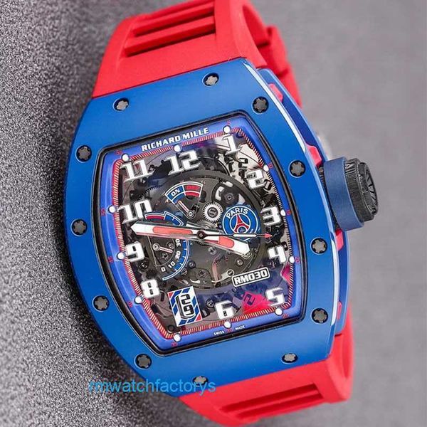 Unisex-RM-Uhr Tourbillon-Uhr Rm030, blaue Keramikseite, rotes Paris-Limited-Zifferblatt, 42,7 x 50 mm, mit Versicherung