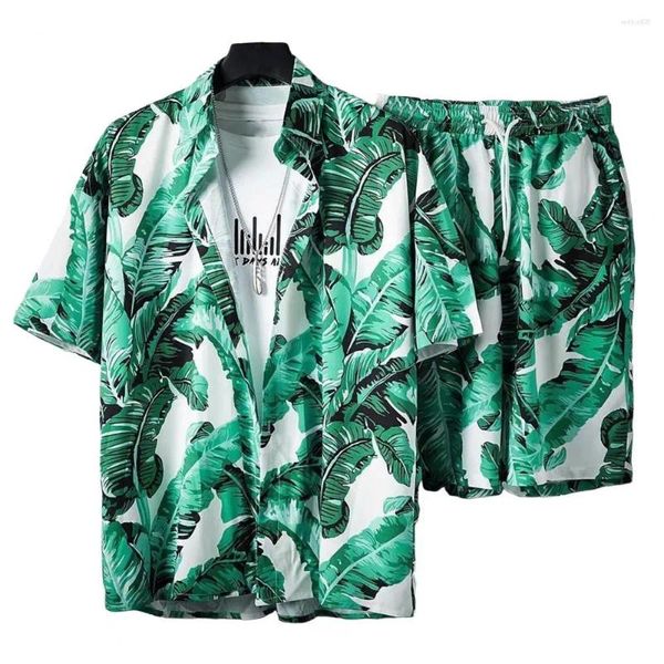 Tute da uomo Camicia con stampa tropicale Pantaloncini Set Foglie hawaiane con coulisse elastica in vita estiva