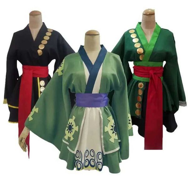 Cosplay Trajes de Anime One cos Piece Roronoa Zoro Role Playing Fantasia Come Lolita Womens Saia Kimono Set Halloween Carnival SetC24321