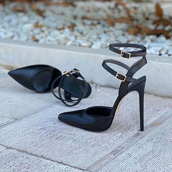 Sapatos de vestido preto fosco couro duplo fivela cinta bombas de salto alto pontiagudo recortes de dedo do pé capa saltos retalhos mulheres tamanho 45