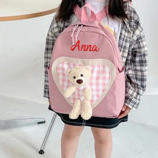 Mochila personalizada bordada em lona fofa urso bordado decoração infantil nome personalizado bolsa de ombro para presentes