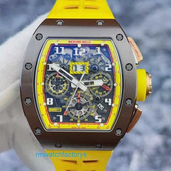 Top RM Watch Titanium Watch RM011 Circolo in ceramica Ceramica Giallo Brown Color Function Function Hollow