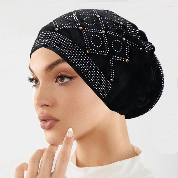 Roupas étnicas Inverno Veludo Turbante Cap para Mulheres Muçulmano Lenço Bonnet Elástico Feminino Headpiece Elegante Glitter Diamantes Cabeça Africana