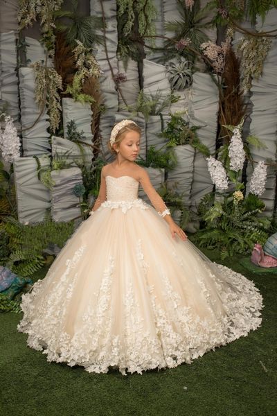 Spitze Prinzessin Champagner Blumenmädchenkleider Transparente Ärmel Applikationen Lange Mädchen Festzugskleider Formale Kindergeburtstagsfeier Kommunionkleid Maßgeschneidert BC S