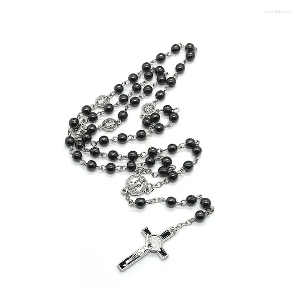 Collane con ciondolo Rosario cattolico con perle di vetro rotonde per collana con croce Pendenti religiosi 4XBF