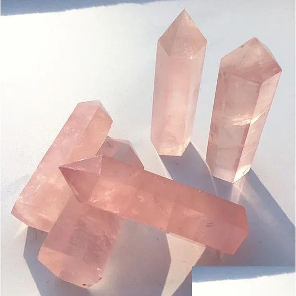 Objetos decorativos estatuetas 1 peça rocha natural rosa quartzo cristal varinha ponto cura coleção de pedra mineral diy decoração de casa hex otfa0