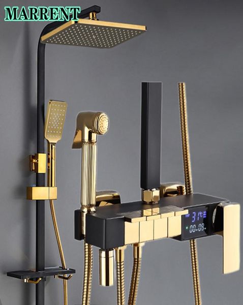 Black Gold Piano Badezimmer-Duschsystem, Armaturen mit 12-Zoll-Regenduschkopf, luxuriöses kaltes digitales Bad-Duschset 1626329