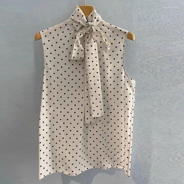 Camicia senza maniche da donna in maglia estiva con stampa a pois ondulati, top slim in chiffon dolce con lacci