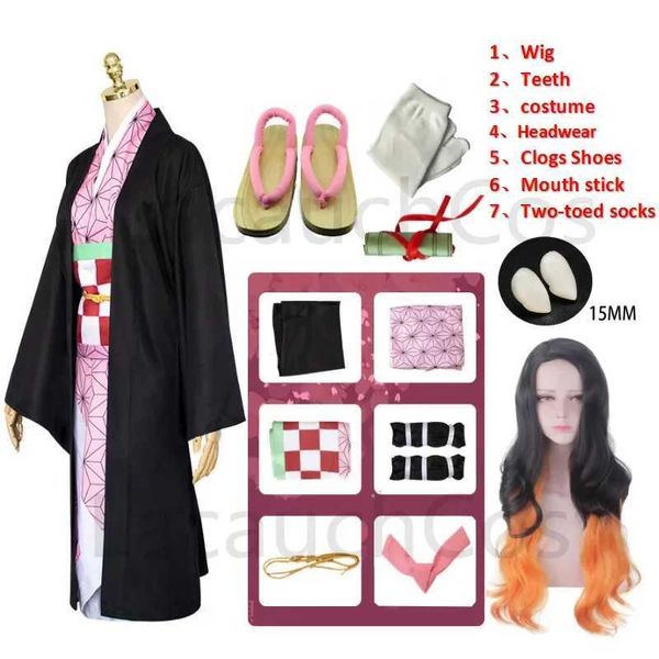 cosplay Costumi anime Kimetsu No Yaiba costume da gioco di ruolo parrucca e kimono Nezuko Zenitsu ragazza e Halloween per bambini in arrivo nell'uniforme scolastica femminileC24321