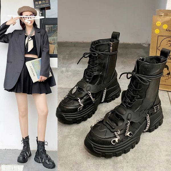 Bot platformu botlar bayanlar punk gothic kadınlar için yeni savaş botları gündelik siyah metal düğmesi şövalye patikleri kadın motosiklet ayakkabıları