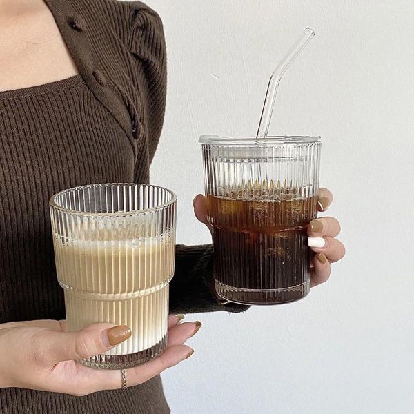 Copos de vinho 450ml copo de vidro listrado caneca de café com tampa e palha transparente água suco leite café da manhã gelo drinkware