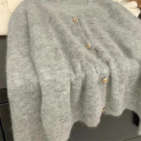 Damenstrick Limiguyue Grauer Mohair-Pullover mit V-Ausschnitt, Vintage-Strickjacke, lockere Strickjacke, Damen-Strickwaren aus Wolle mit Metallknöpfen, ganz passend E289