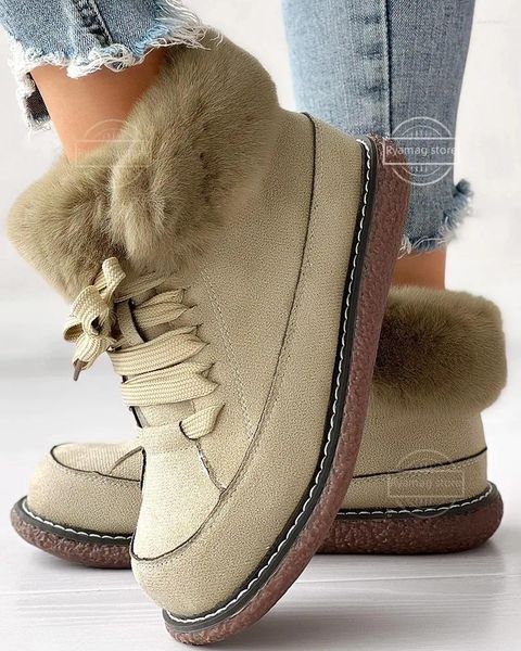 Botas Neve Mulheres Fuzzy Forrado Lace-up Inverno Quente Plataforma De Pelúcia Sapatos Flat Ankle Botines Mujer Flats