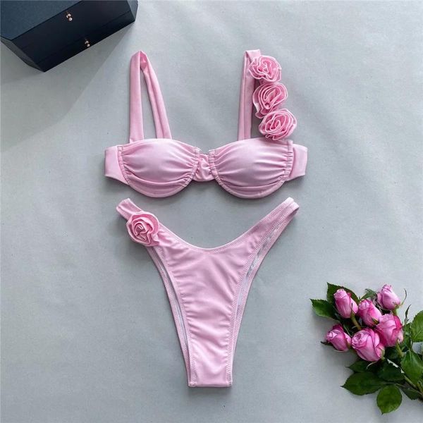 Costume da bagno donna sexy fiore lucido rosa push up bikini 2024 costume da bagno donna con ferretto taglio alto costume da bagno bikini rugoso set biquini