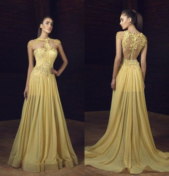 Eleganti abiti da ballo giallo chiaro con linea A Gioiello in pizzo con applicazioni di perline Abito da sera firmato con volant Abiti da sposa sexy7282844