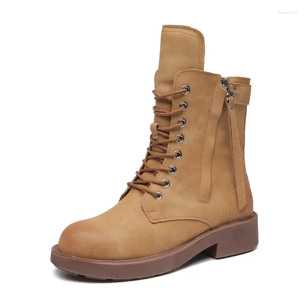 Sapatos de caminhada femininos deslizamento em renda até bota de salto grosso casual conforto zíper lateral moda botas de tornozelo