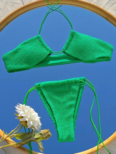 Mulheres Swimwear Cor Verde Biquínis Sexy Maiô Mulheres Push Up Halter Bikini Set Micro Thong Ribbed Ternos de Banho Brasileiro Biquini