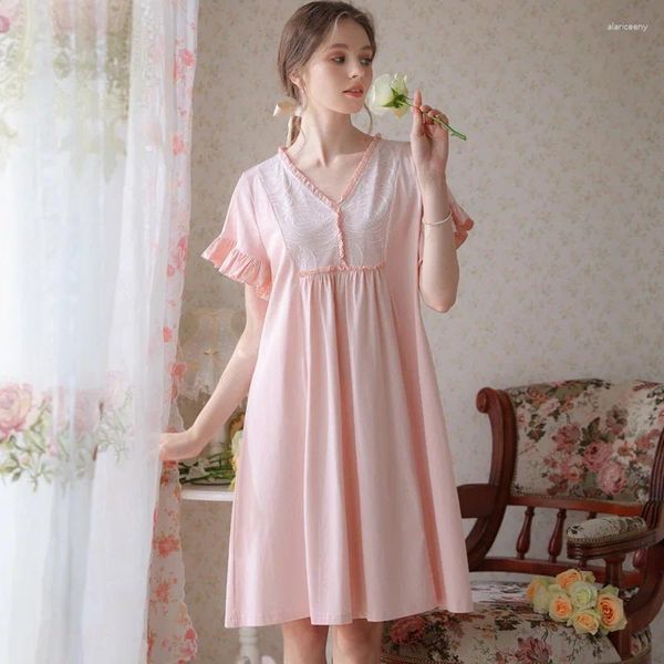 Indumenti da notte da donna a maniche corte Abito da notte Principessa Ragazze Estate Scollo a V Carino Abbigliamento da notte Donna Retro Dolce cotone sciolto Rosa FG546