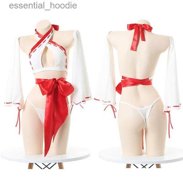 Cosplay Trajes de Anime Anime japonês Miko Cosplay quimono lingerie conjunto sexy feminino suspender Criss Cross bikini vermelho Boknot bandagem pijama barco retoC24321