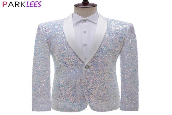 Glänzender weißer Smoking-Blazer mit Pailletten und Glitzer für Herren, Schalkragen, Ein-Knopf-Kleid, Anzugjacke, Herren-Hochzeitsfeier, Bühnenkleidung 2204091434760