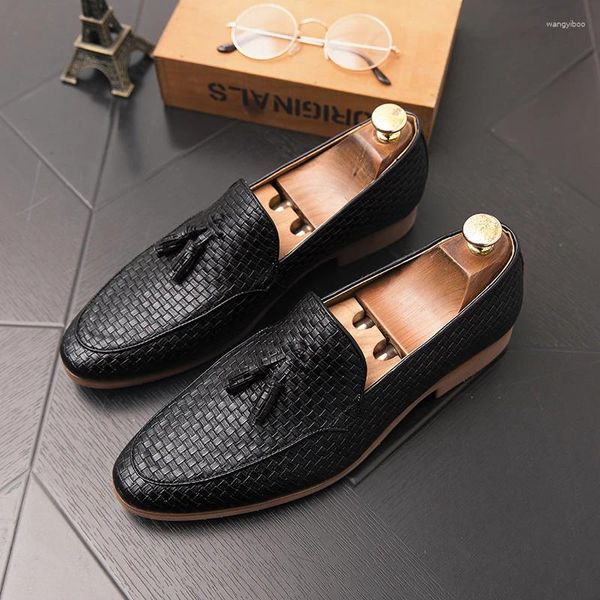 Sapatos casuais borla tecido couro genuíno mocassins marrons um pedal mocassins preto negócio vestido de casamento italiano