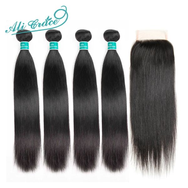 Ali Grace brasilianisches glattes Haar mit Verschluss, 100 % Remy-Echthaar, 4 Bundles mit 4 x 4 freiem Mittelteil, Spitzenverschluss