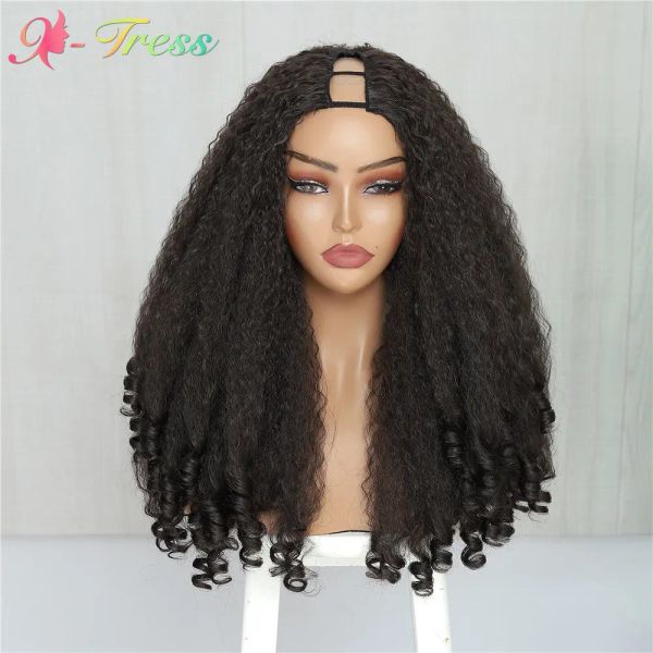 Peruklar xtress afro kıvırcık v Siyah kadınlar için parça peruk kıvırcık uçları ile düz, cüruflu yok, sentetik yarım perukta kesme klibi yok